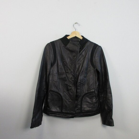 Tahari Leather Wrap Jacket Women M Black Moto Asymmetrical Biker Grunge 844 - Picture 1 of 16